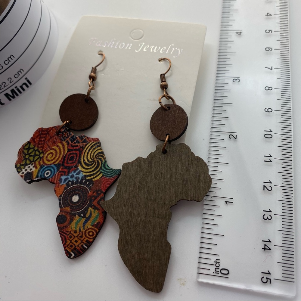 3pc Wooden Bangle 8” Multicolor African Map Earrings 3”pierced Hook Brown - Picture 4 of 6